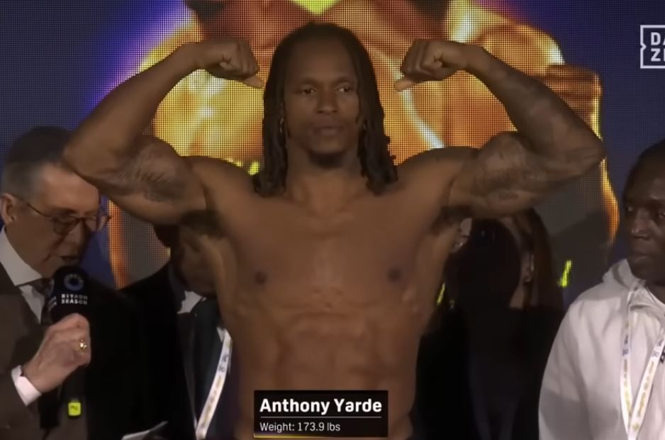 Anthony Yarde muscles at weigh in