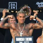 Conor Benn flexes his muscles at weigh in for his fight with Ryan Garcia
