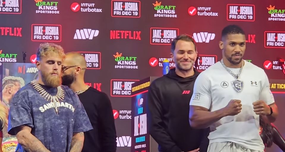 Jake Paul and Anthony Joshua at the final press conference