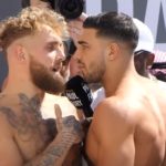 Jake Paul and Tommy Fury face off at weigh in for boxing match