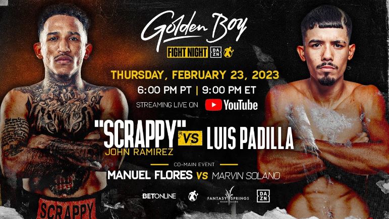 John “Scrappy” Ramirez vs Luis Padilla boxing match poster February 2023