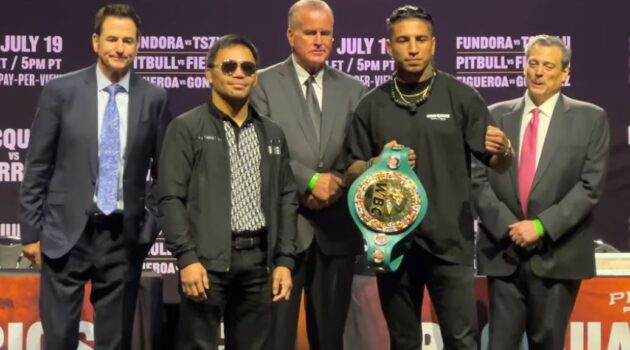 Manny Pacquiao and Mario Barrios pose with WBC Belt