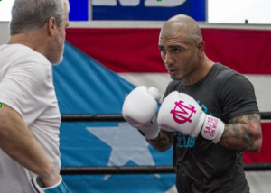 Miguel Cotto hitting mitts with Freddie Roach