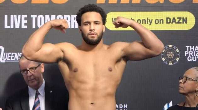 Moses Itauma flex at weigh in for his title fight with Filip Hrgovic