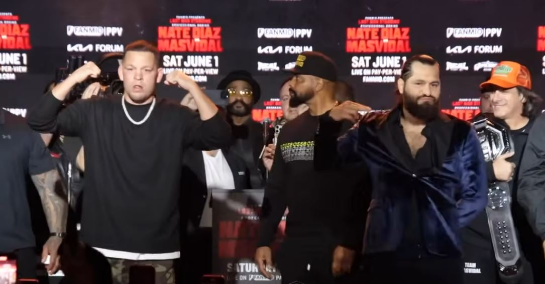 Nate Diaz and Jorge Masvidal pose side by side at Press Conference 2024