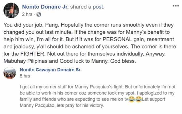 Nonito Donaire facebook post Pacquiao