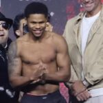 Shakur Stevenson at Teofimo Lopez weigh in