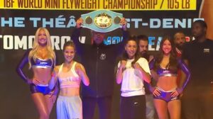 Women's championship Sol Cudos vs Kim Clavel weigh in photo