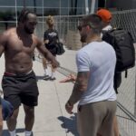 Terence Crawford and Ilia Topuria shake hands in Las Vegas