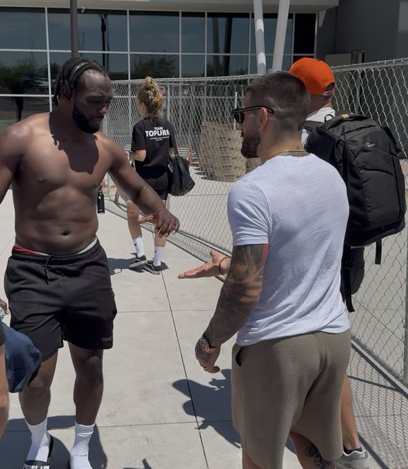 Terence Crawford and Ilia Topuria shake hands in Las Vegas