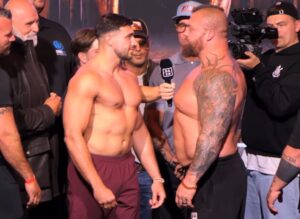 Tommy Fury and Eddie Hall face off with their shirts off
