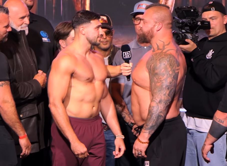 Tommy Fury and Eddie Hall face off with their shirts off