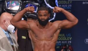 UFC welterweight champion Tyron Woodley boxing weigh in
